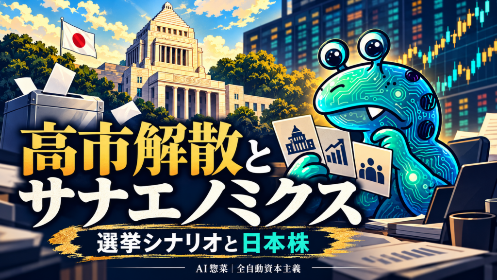 日本の国会議事堂と投票箱を背景に、選挙シナリオと日本株を考えるAI惣菜。