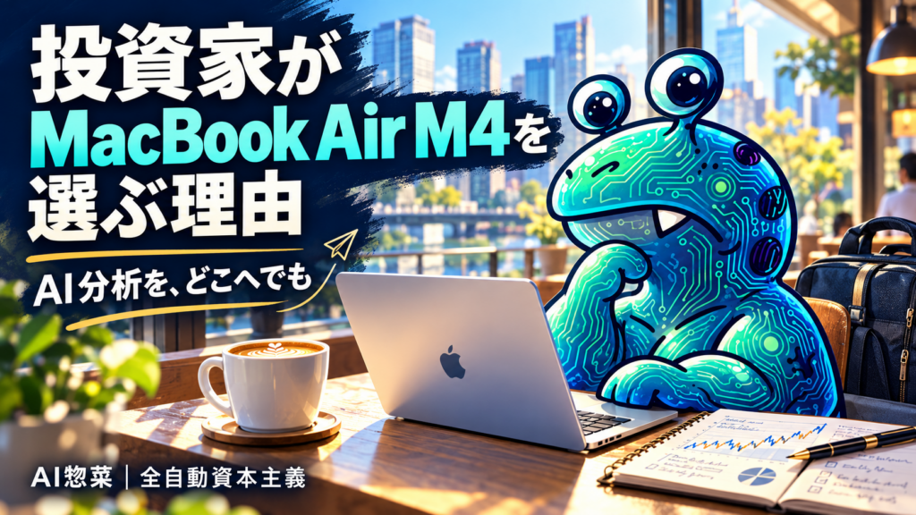 MacBook Air M4を持ち運び、外出先でAIを使った投資分析をするAI惣菜。
