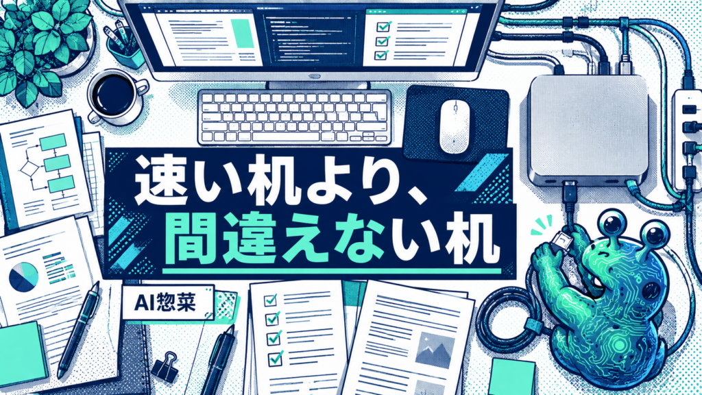 投資調査の机と接続環境を確認するAI惣菜。速い机より、間違えない机。