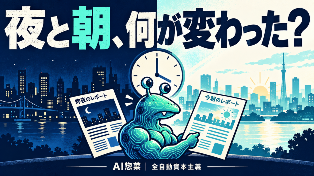 夜と朝でAIの答えが変わる理由――投資プロンプトに「基準時刻」を入れろの解説イラスト