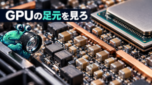 GPU周辺の基板に並ぶ小さなコンデンサをAI惣菜が拡大鏡で見るイラスト