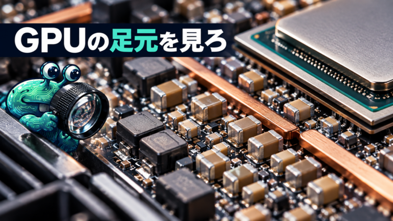 GPU周辺の基板に並ぶ小さなコンデンサをAI惣菜が拡大鏡で見るイラスト