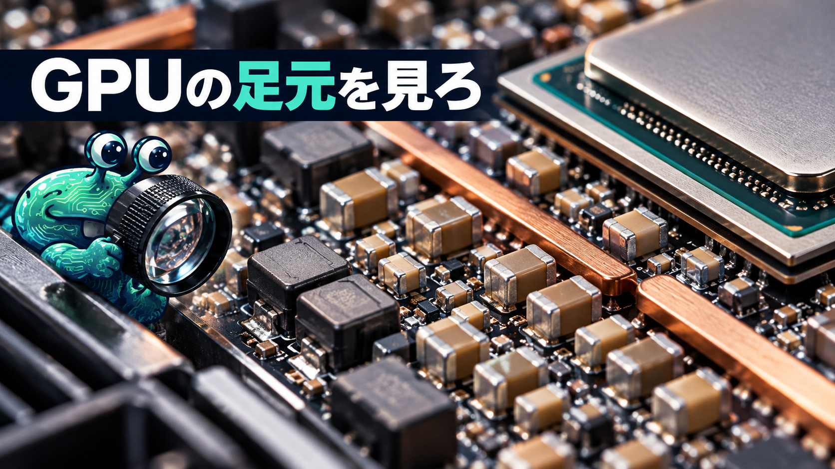 GPU周辺の基板に並ぶ小さなコンデンサをAI惣菜が拡大鏡で見るイラスト