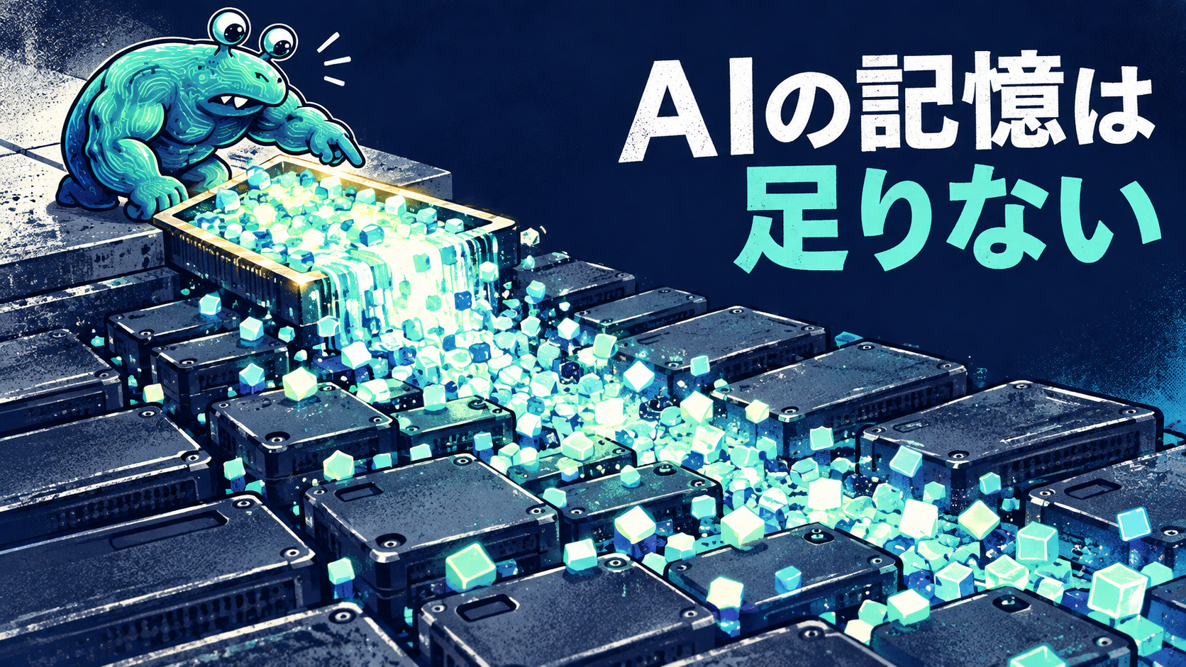 AI推論の記憶領域からSSDへデータが流れる様子をAI惣菜が観察するイラスト