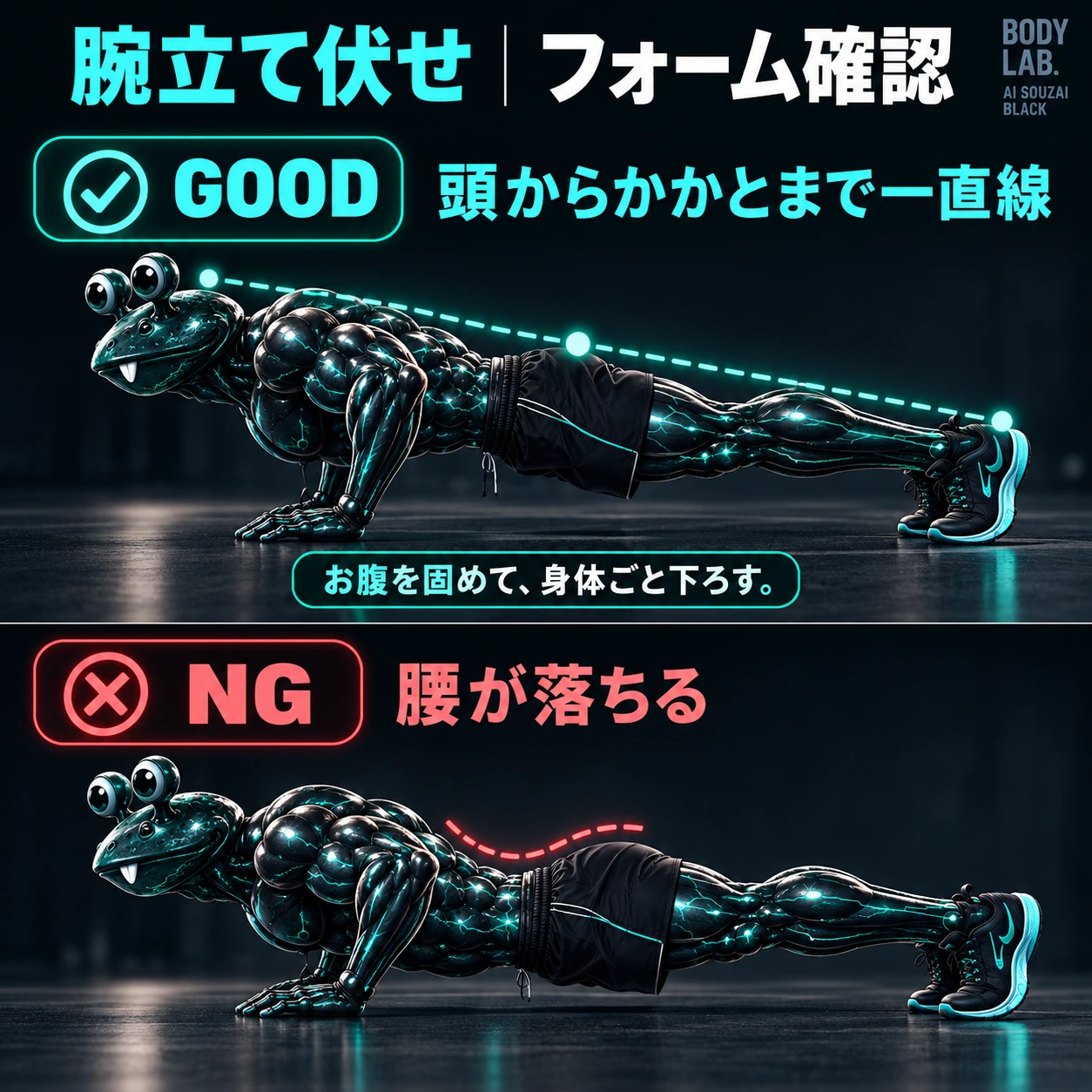 腕立て伏せのGOOD・NG比較。GOOD:頭からかかとまでを一直線に保つ。NG:腰が落ちる。