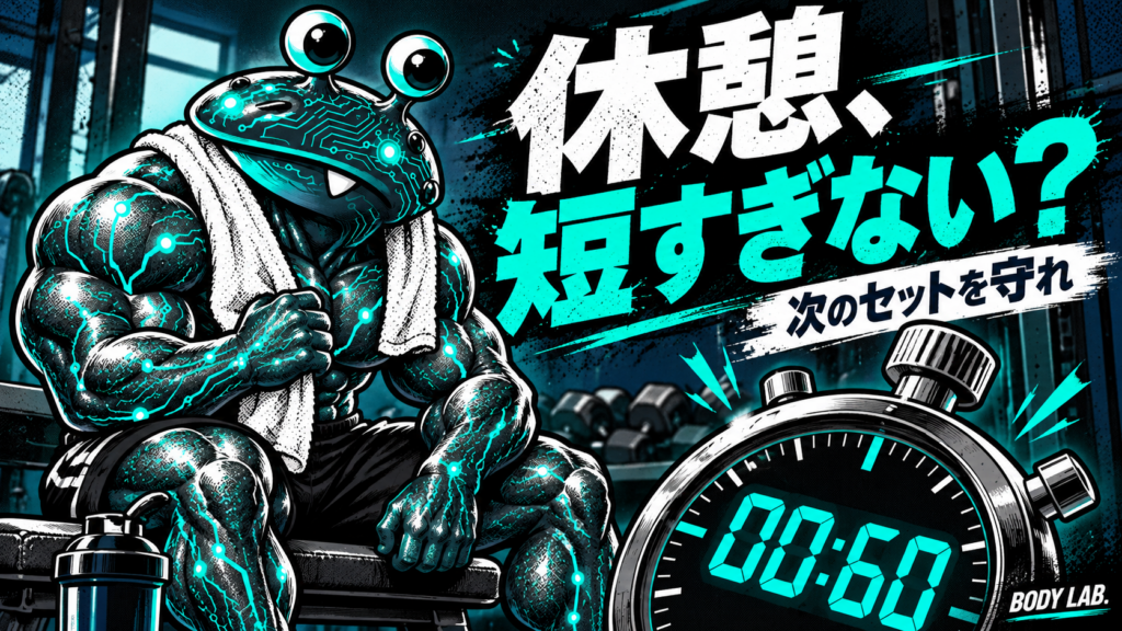 ベンチで休むBLACK AI惣菜とストップウォッチ。休憩、短すぎない？