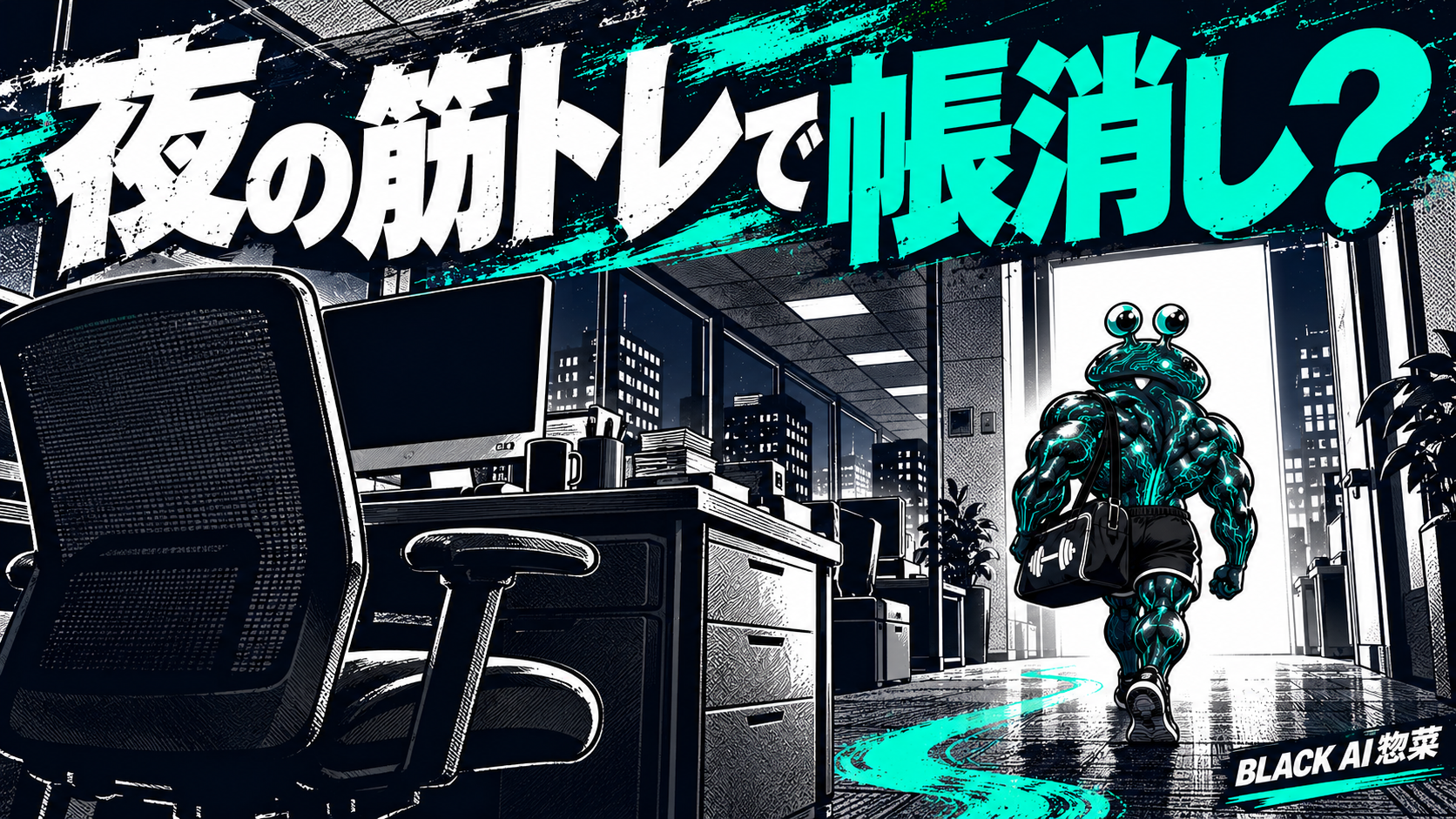 BLACK AI惣菜がデスクを離れて歩く。夜の筋トレで帳消し？