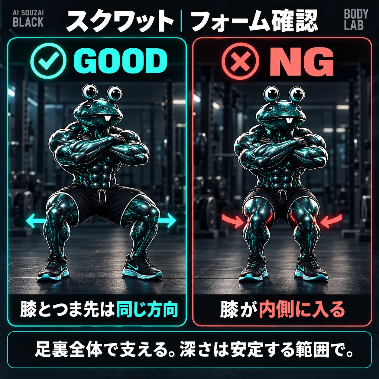 スクワットのGOODとNG。膝とつま先を同じ方向へ動かす例と、膝が内側へ入る例。足裏全体で支える。
