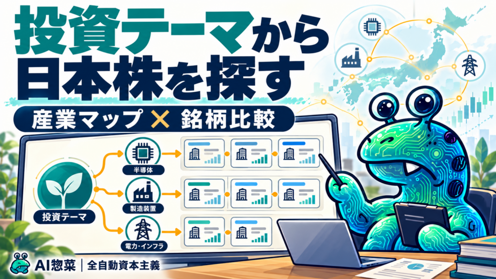 AI惣菜が投資テーマから産業マップを広げ、日本株の候補企業を比較する。