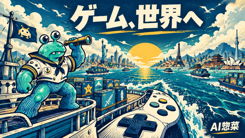 ゲームを載せた船で世界の港へ向かう探検者AI惣菜