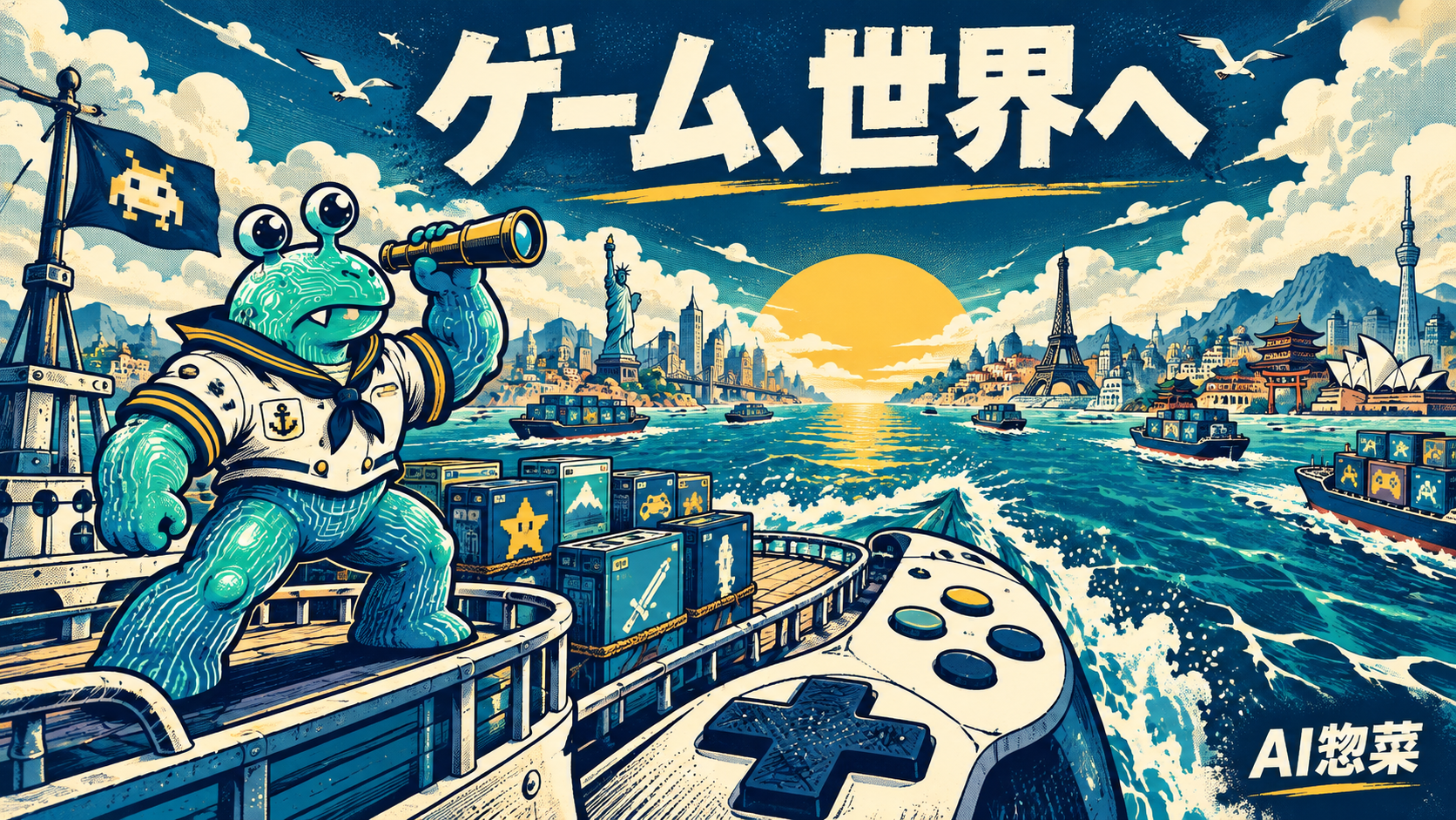 ゲームを載せた船で世界の港へ向かう探検者AI惣菜