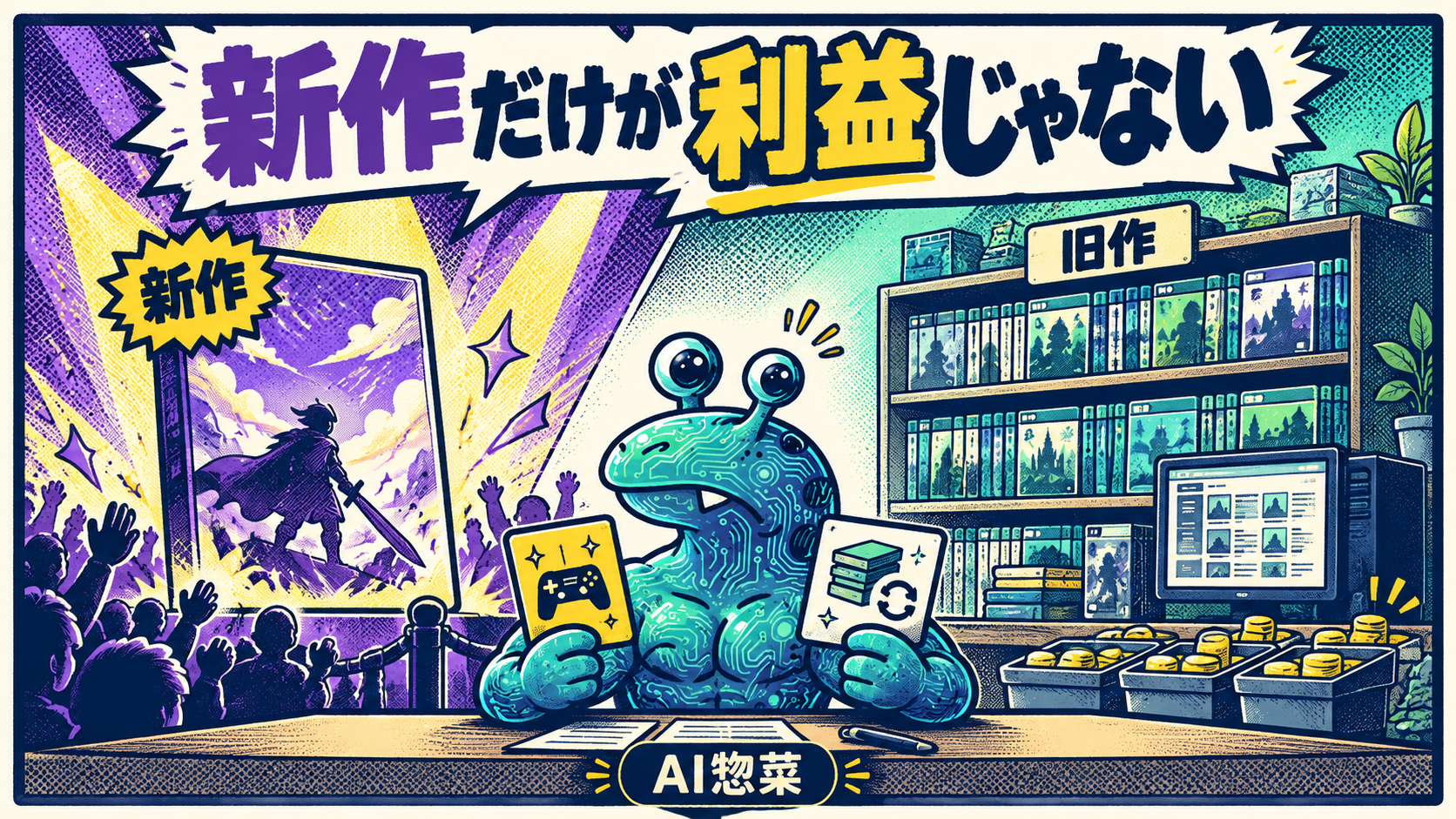 新作の発売とPCでの旧作販売を見比べる分析者AI惣菜