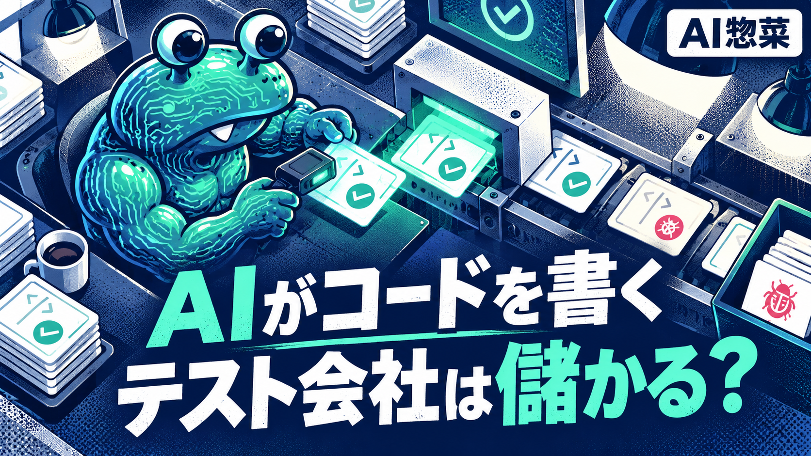 AIが生成したコードを検査するAI惣菜とソフトウェア品質保証のイメージ