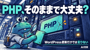 AI惣菜がPHPの防御壁を点検するサムネイル。PHP、そのままで大丈夫？ WordPress更新だけでは足りない。