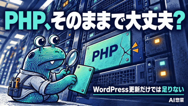 AI惣菜がPHPの防御壁を点検するサムネイル。PHP、そのままで大丈夫？ WordPress更新だけでは足りない。