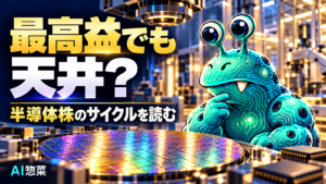 半導体工場のシリコンウェーハを見つめるAI惣菜。最高益でも天井？ 半導体株のサイクルを読む。
